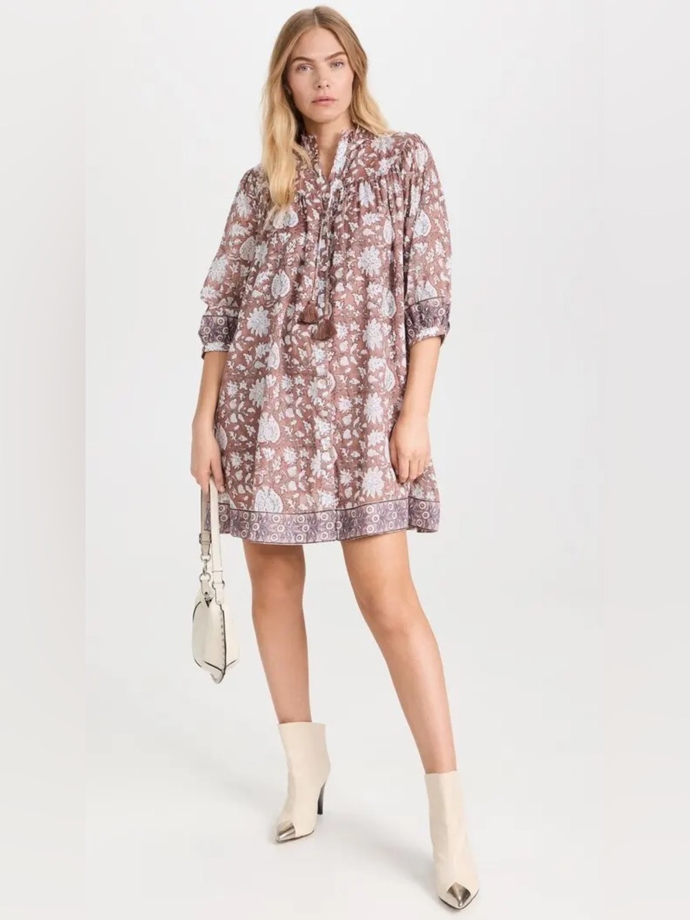 NWOT Marea Georgia Dress Clove Floral Cotton Mini Shirt Dress Tassel Tie Boho S